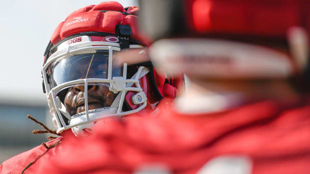 Razorbacks Taurean Carter during Friday morning's practice on the outdoor fields